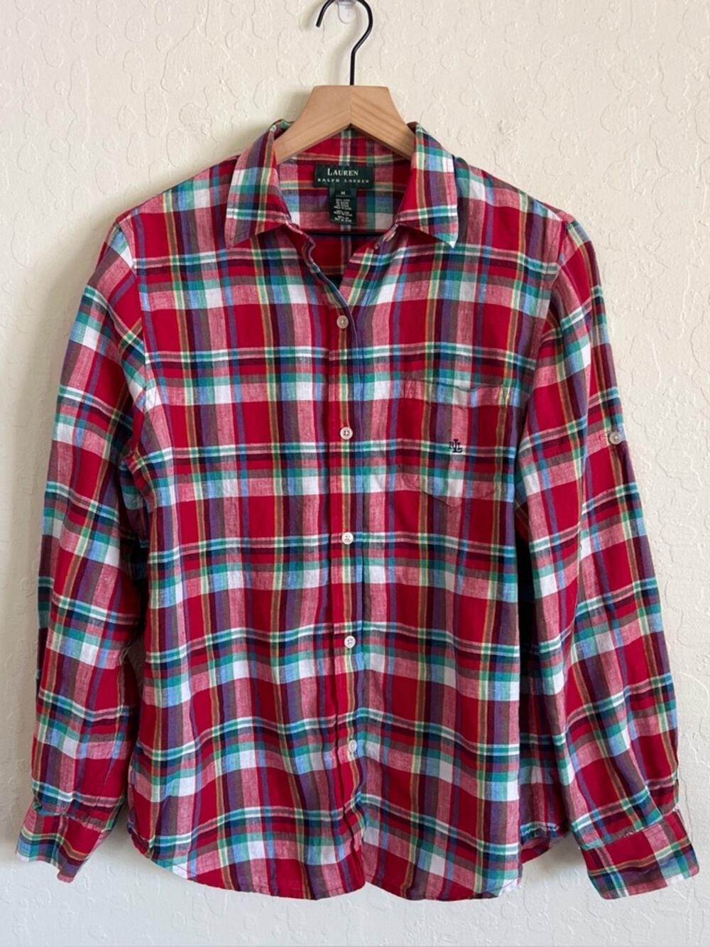 Vintage Lauren Ralph Lauren 100% Linen Long Sleeve Button Down Shirt Plaid